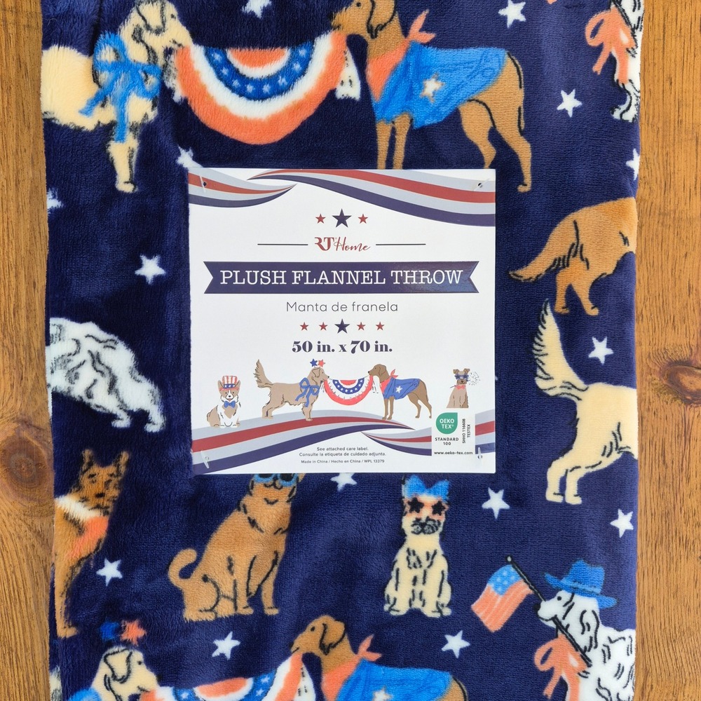 RJ Home Patriotic Dogs Plush Flannel Throw Blanket Navy Blue 50x70 4th of July - Picture 3 of 7